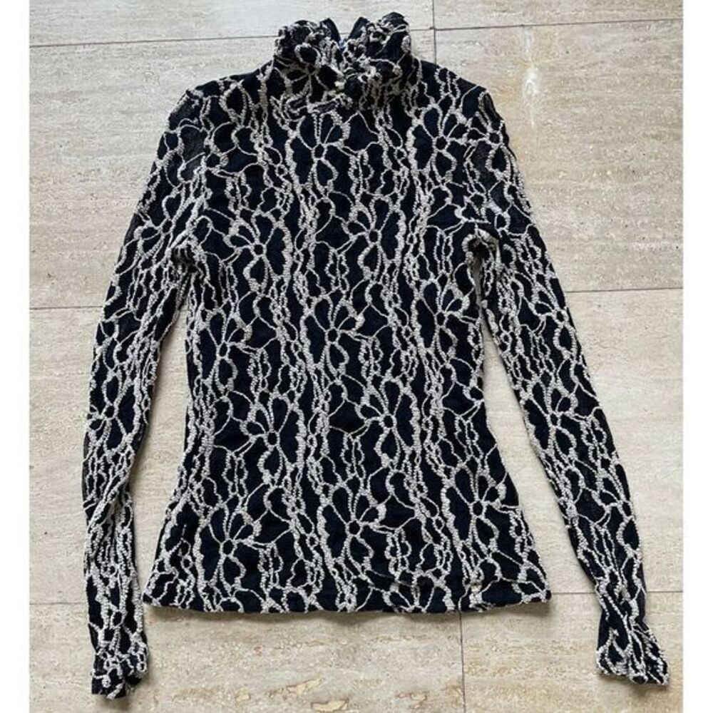 Alberto Makali Black & White Lace Turtleneck Long Sleeve‎ Top Gothic Victorian M